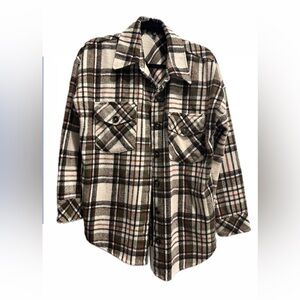 Plaid Button-Up Shacket in Cream, Brown & Olive